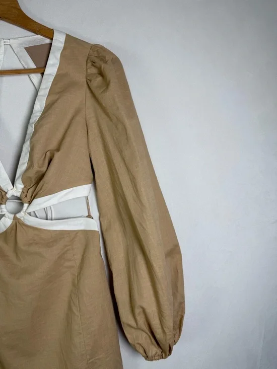 Petal + Pup Women’s Linen Blend Cutout Dress Beige White Tie Back Coastal Sz XS - Picture 6 of 13